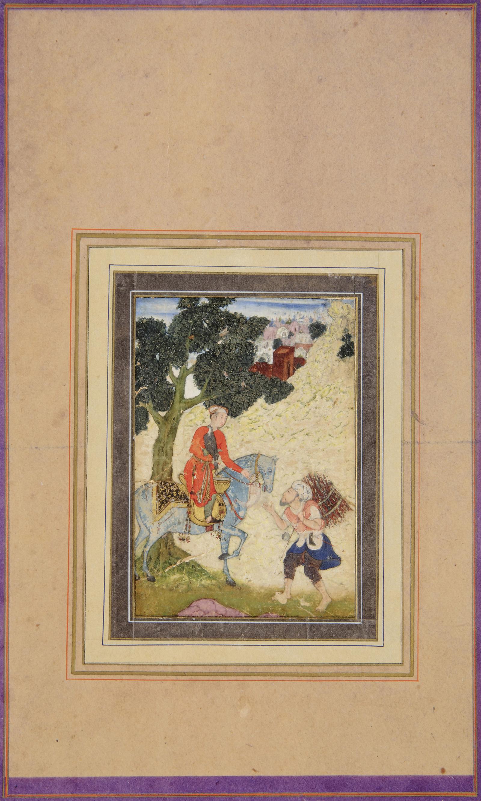 A MOUNTED FALCONER MEETS A WOODCUTTER MUGHAL INDIA, LATE 16TH CENTURY