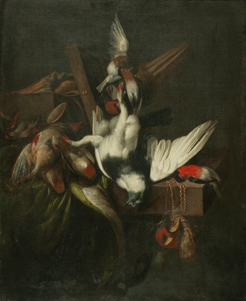 Still Life with Dead Pigeon, Finches and Falcons' Hoods by William Gowe Ferguson (1623-1695) 
