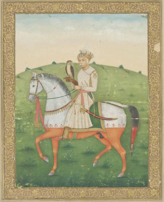 AN EQUESTRIAN PORTRAIT OF THE EMPEROR AKBAR HAWKING