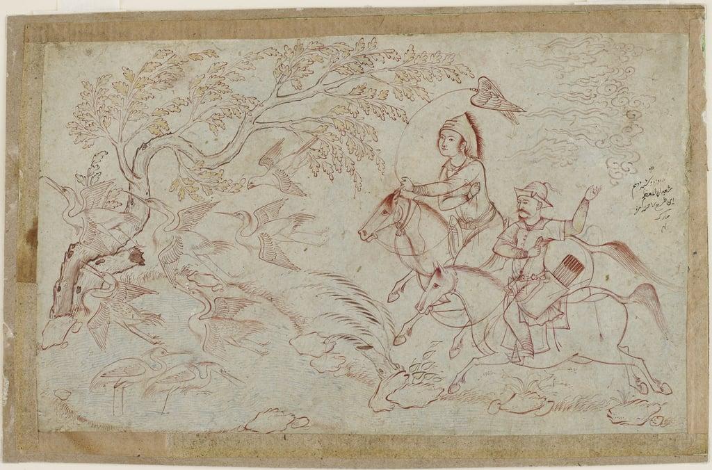 Two horsemen hunting with falcon, 1640s 
